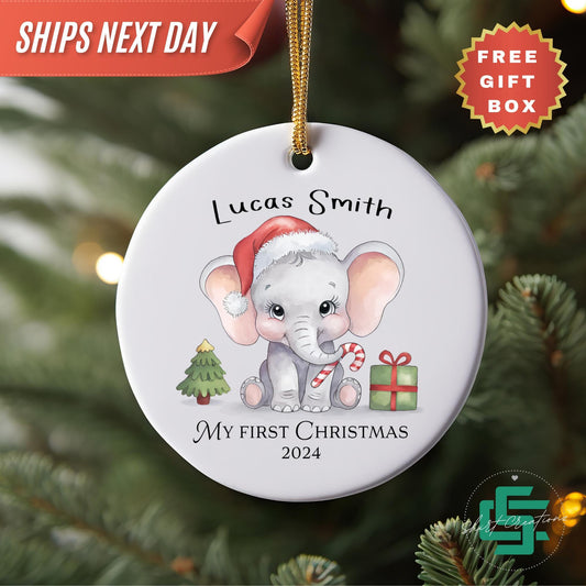 First Christmas baby ornament newborn baby Elephant ornament, Baby announcement Christmas 2024 ceramic ornament.