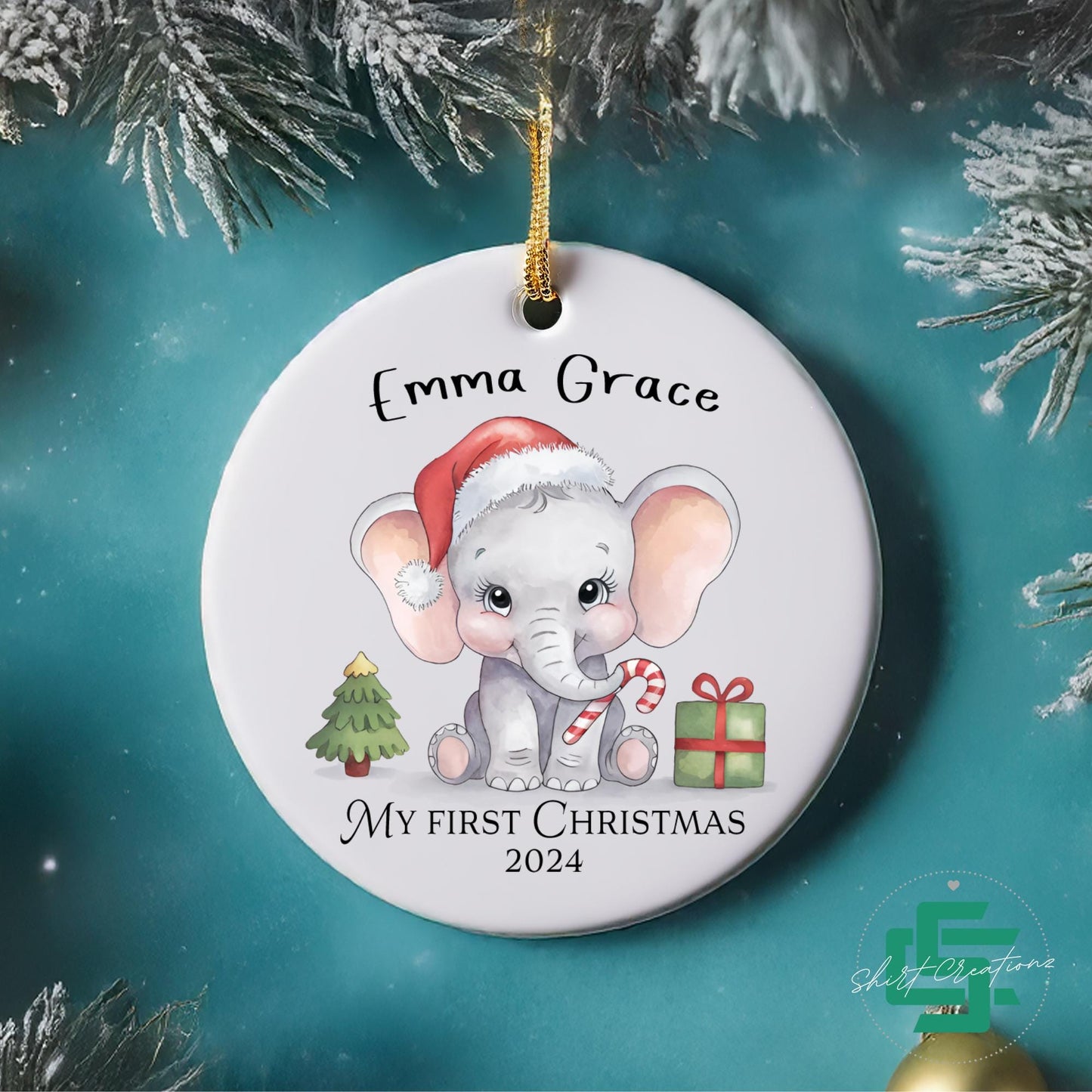 First Christmas baby ornament newborn baby Elephant ornament, Baby announcement Christmas 2024 ceramic ornament.