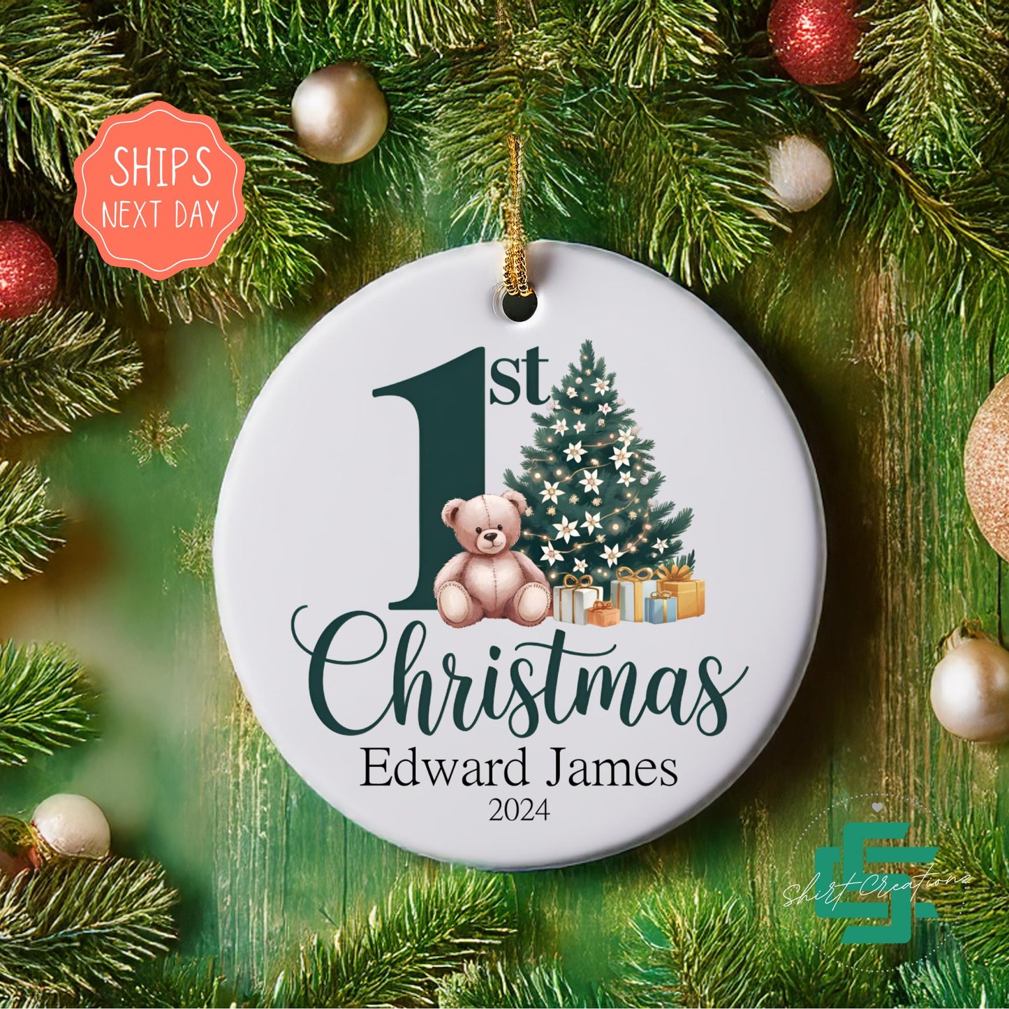 My first Christmas baby ornament newborn baby Bear ornament, Baby announcement Christmas 2024 ceramic ornament.