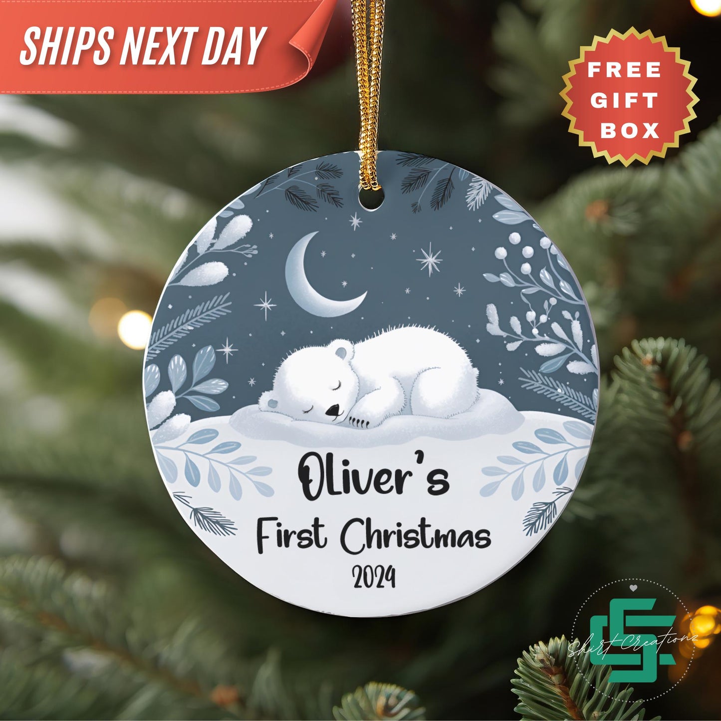 first Christmas ornament for newborn, baby Polar Bear Christmas ornament, Baby announcement Christmas 2024 ceramic ornament.