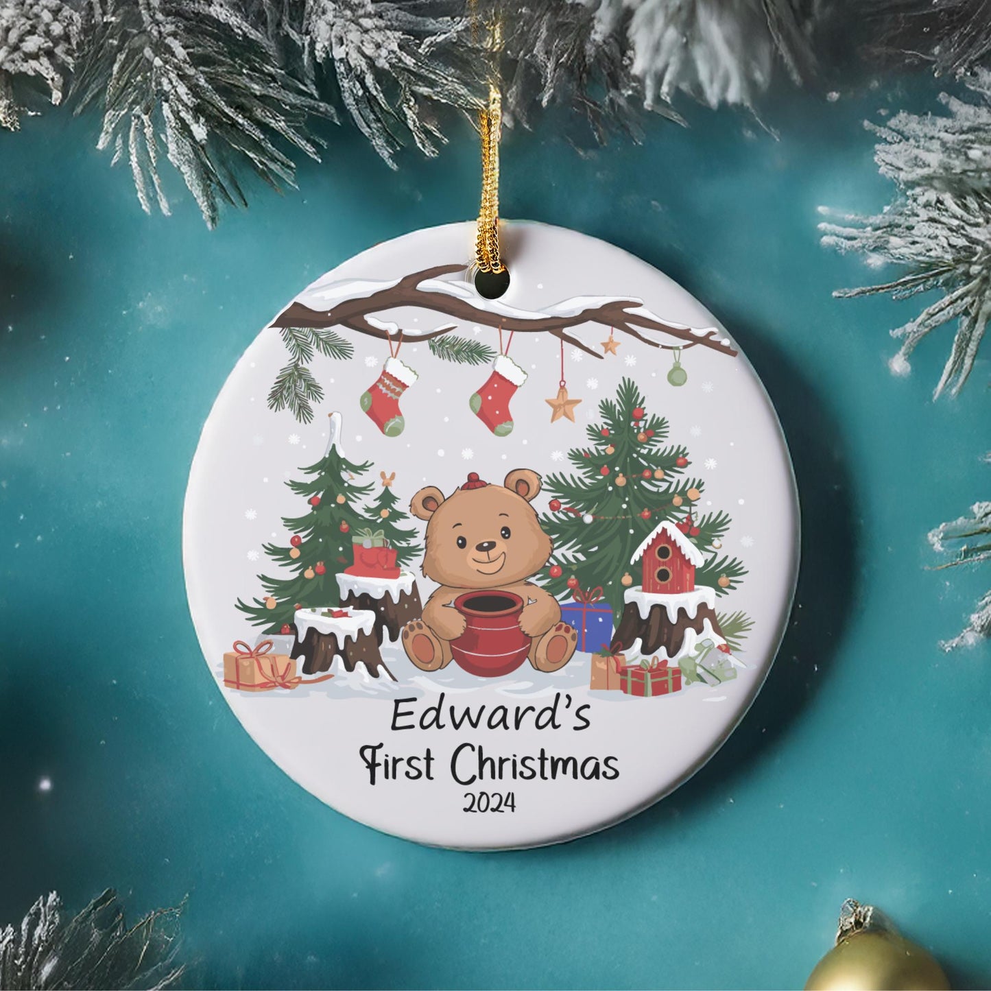 Baby's First Christmas ornament 2024, Personalized name Christmas ornament for Newborn, Cute cub Christmas ornament.