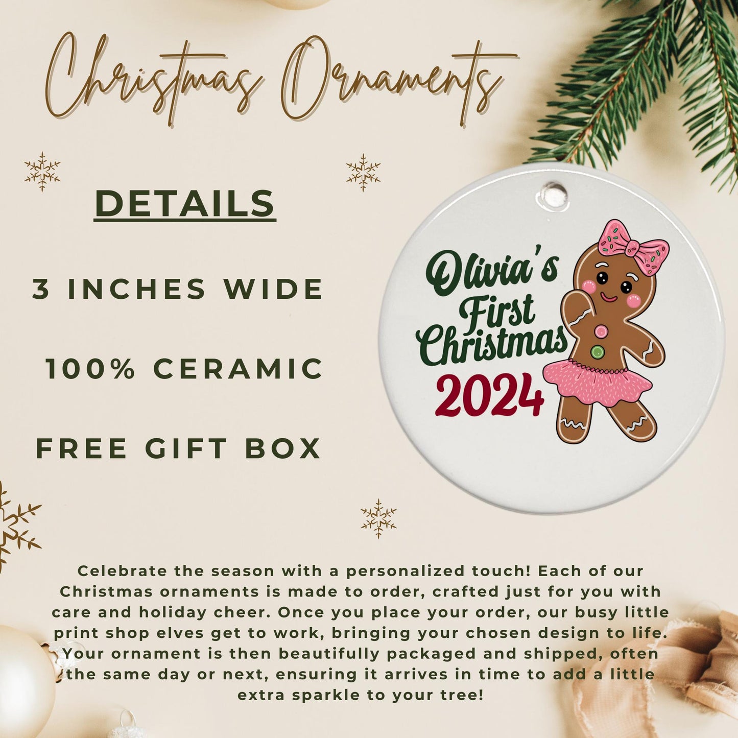 Babies first Christmas ornament, Personalized my first Christmas baby name 2024, Girl baby Christmas ornament.