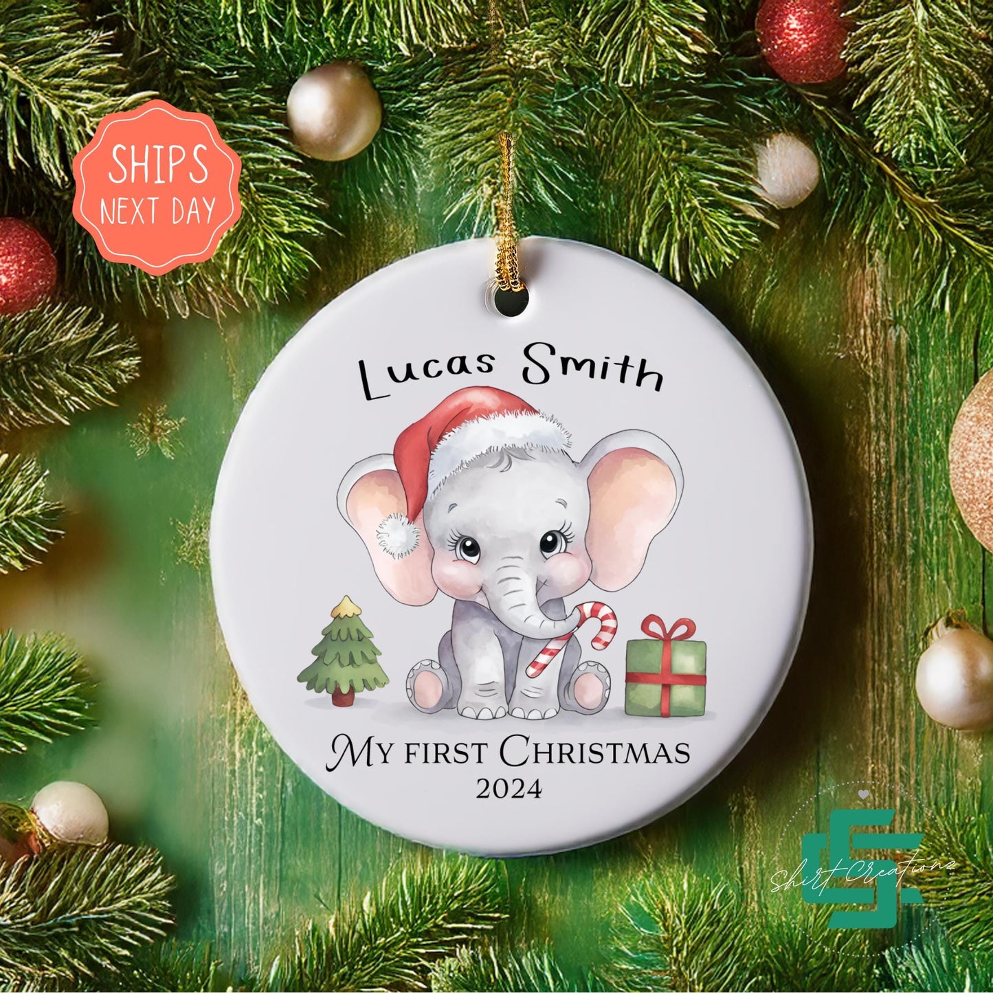 First Christmas baby ornament newborn baby Elephant ornament, Baby announcement Christmas 2024 ceramic ornament.