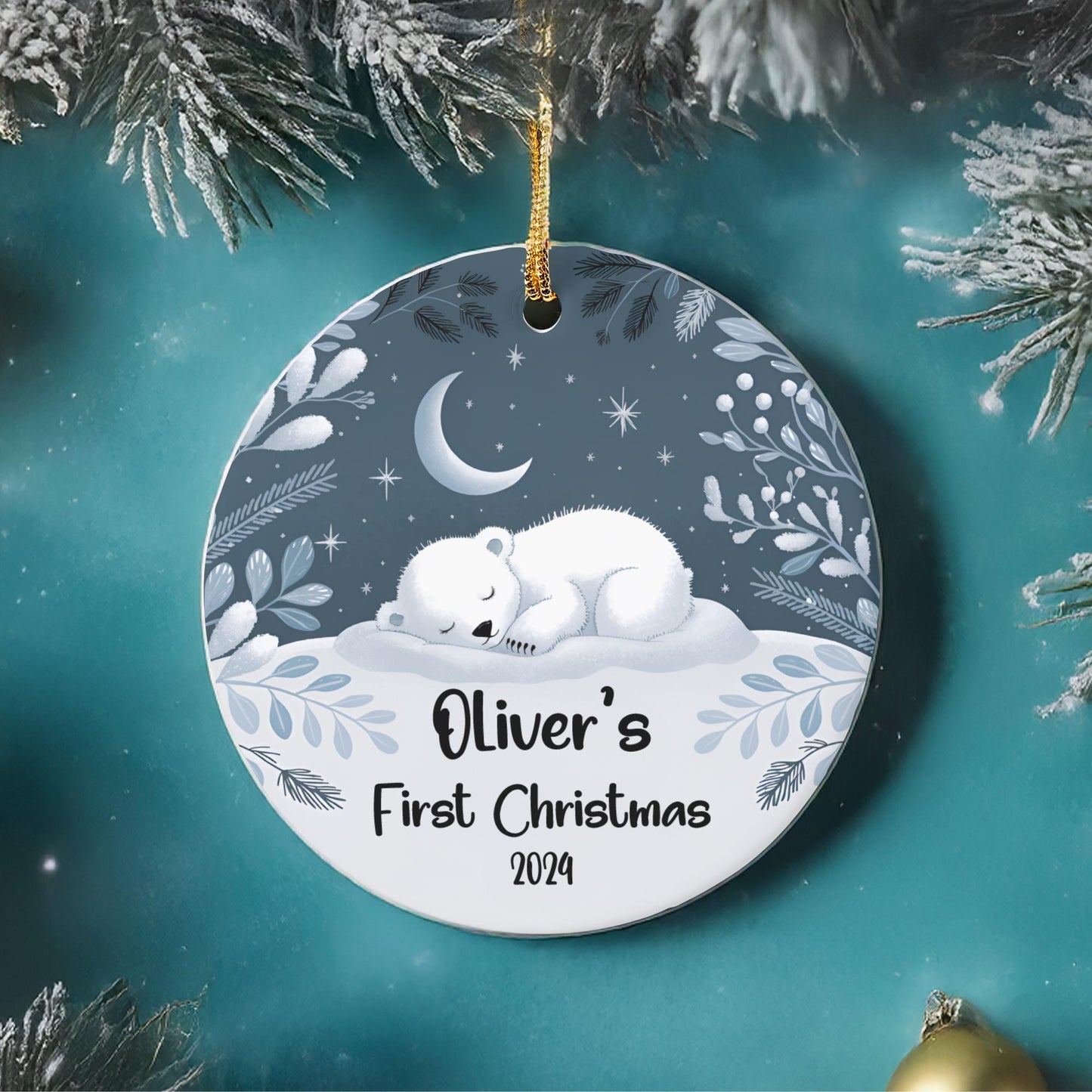 first Christmas ornament for newborn, baby Polar Bear Christmas ornament, Baby announcement Christmas 2024 ceramic ornament.