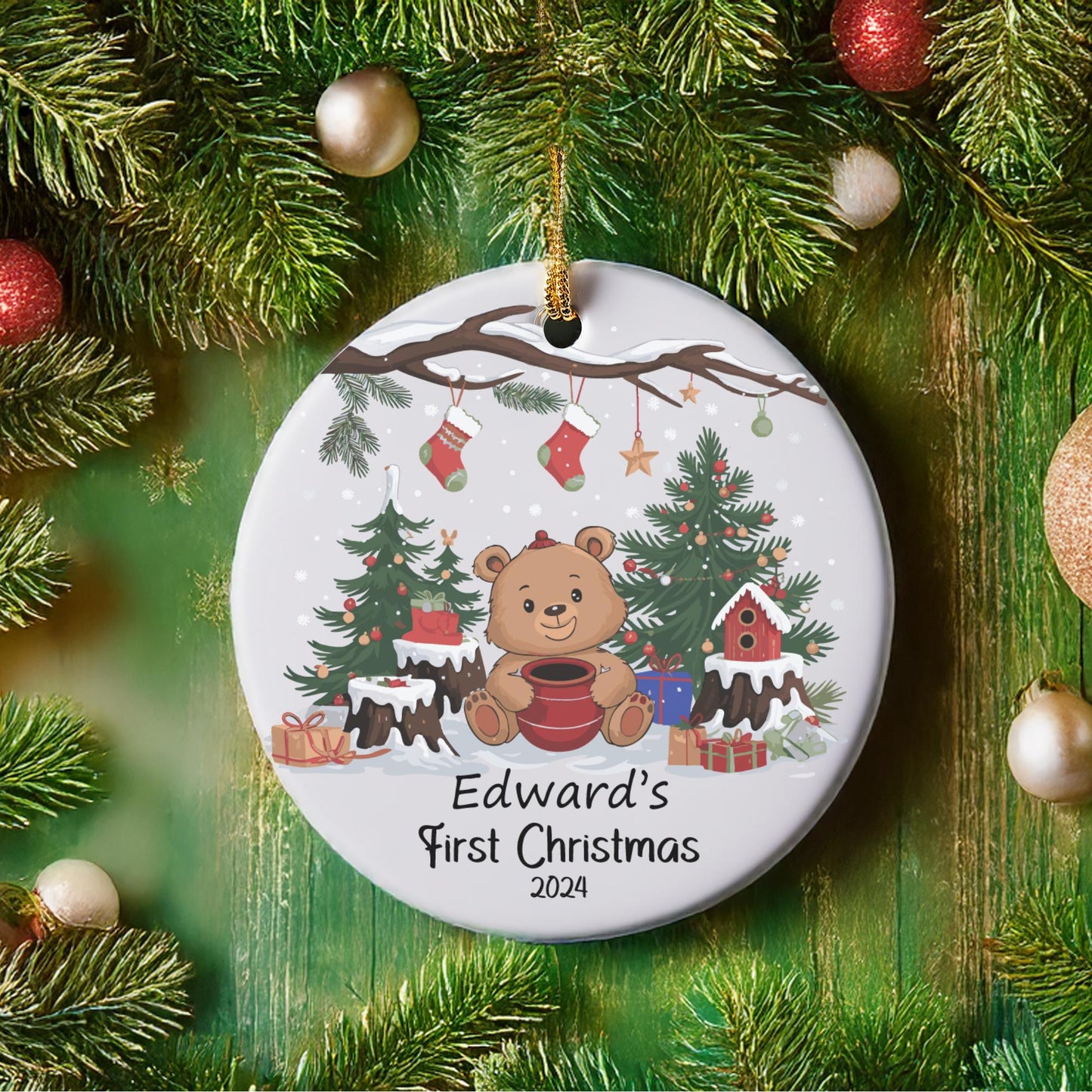 Baby's First Christmas ornament 2024, Personalized name Christmas ornament for Newborn, Cute cub Christmas ornament.