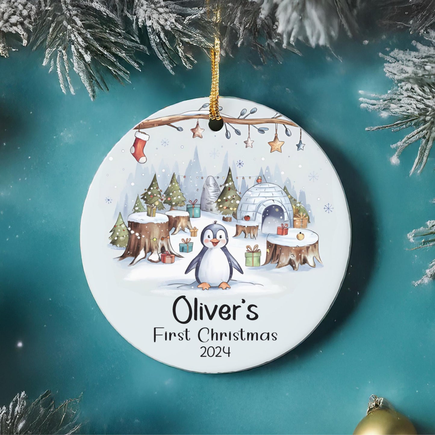 Baby's First Christmas ornament 2024, Personalized name Christmas ornament for Newborn, Cute Penguin Christmas ornament.