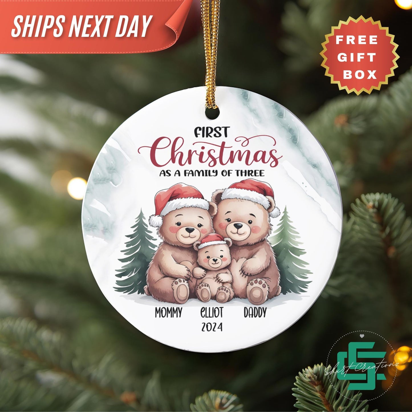 Baby's first Christmas ornament, Personalized family of three Christmas ornament, first baby family of three 2024