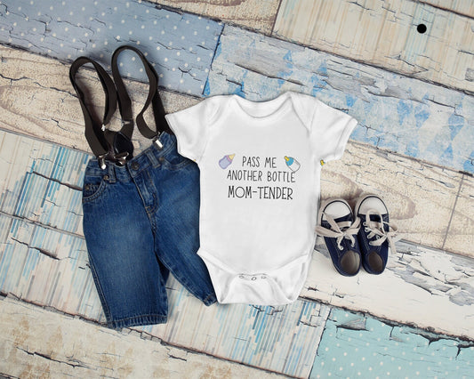 Pass me another bottle mom-tender Onesie®, baby bottle Onesie®, another milk bottle, baby bottle baby bodysuit.