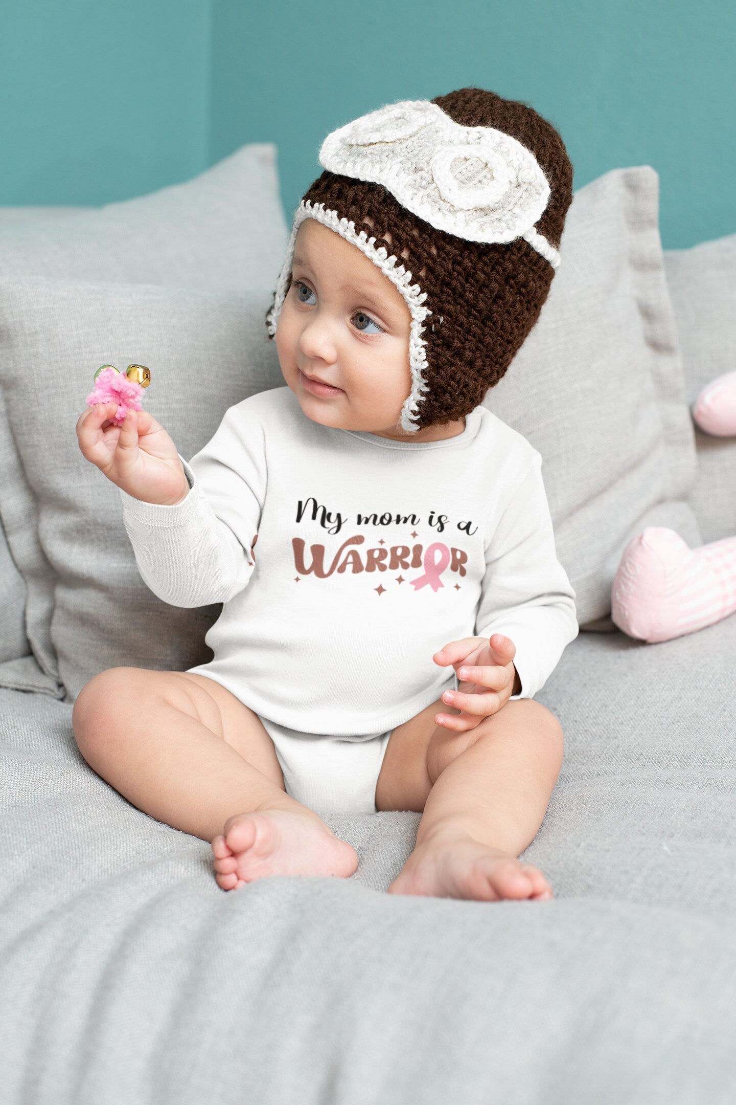 My mom is a warrior Onesie® breast cancer awareness baby Onesie®, hero baby body suit. cute baby gift.