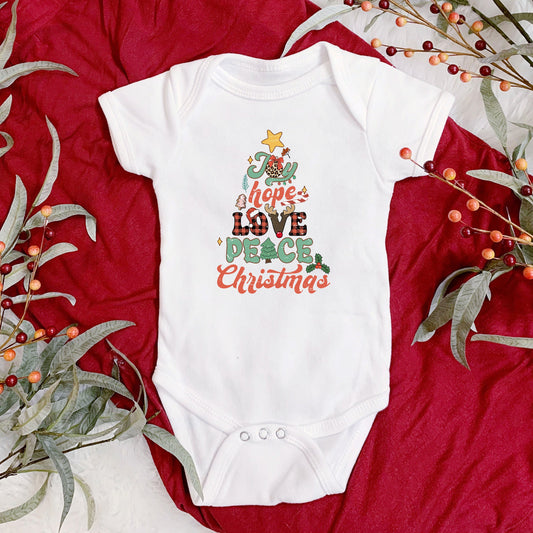 Joy Hope Love Peace Christmas Onesie® Christmas baby Onesie®, Christmas tree body suit. newborn baby gift.