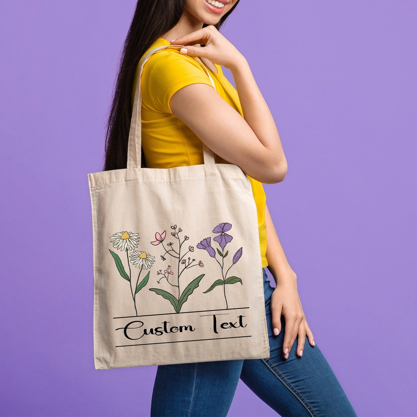 Personalized flower Tote Bag, Teachers Gift, flower Lover Gift, Canvas Tote bag, flower Gift, aesthetic bag