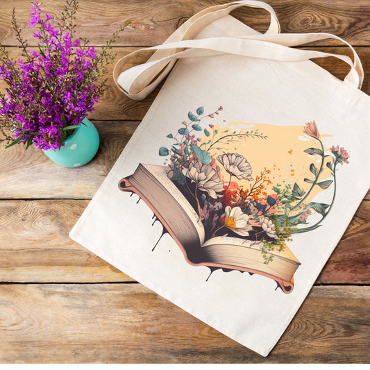 Flower and book Tote Bag, Teachers Gift, flower Lover Gift, Book worm gift, Canvas Tote bag, flower Gift, aesthetic bag