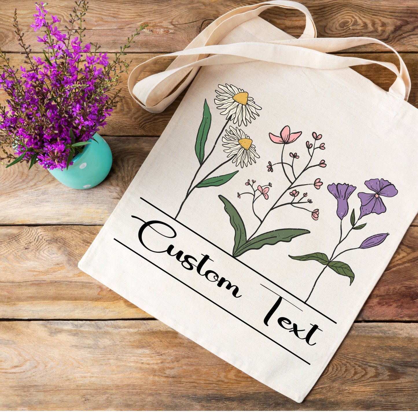 Personalized flower Tote Bag, Teachers Gift, flower Lover Gift, Canvas Tote bag, flower Gift, aesthetic bag