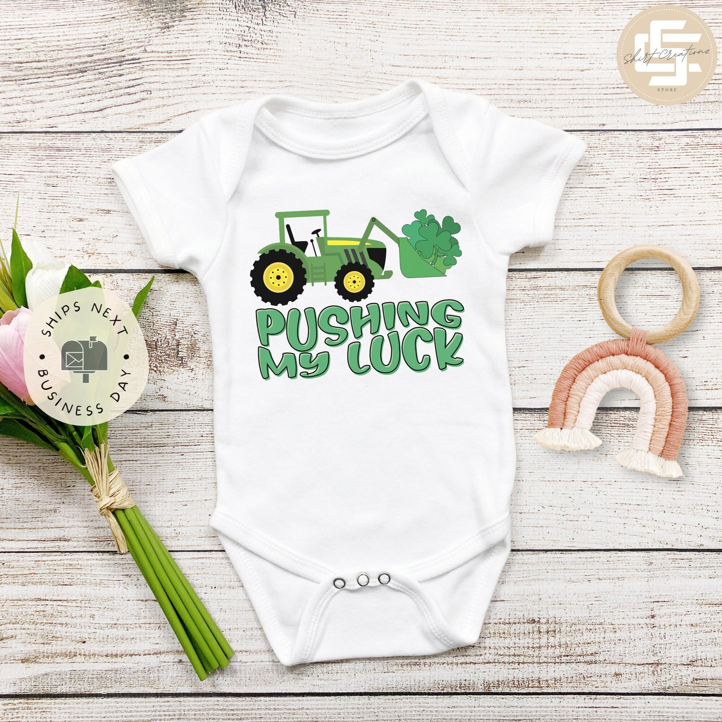 Pushing my luck Baby Onesie®, St. Patrick's baby Onesie®, Lucky baby body suit. cute baby gift.