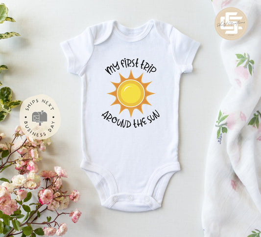 First trip around the sun Baby Onesie®, first birthday baby Onesie®, birthday  baby body suit. cute baby gift.