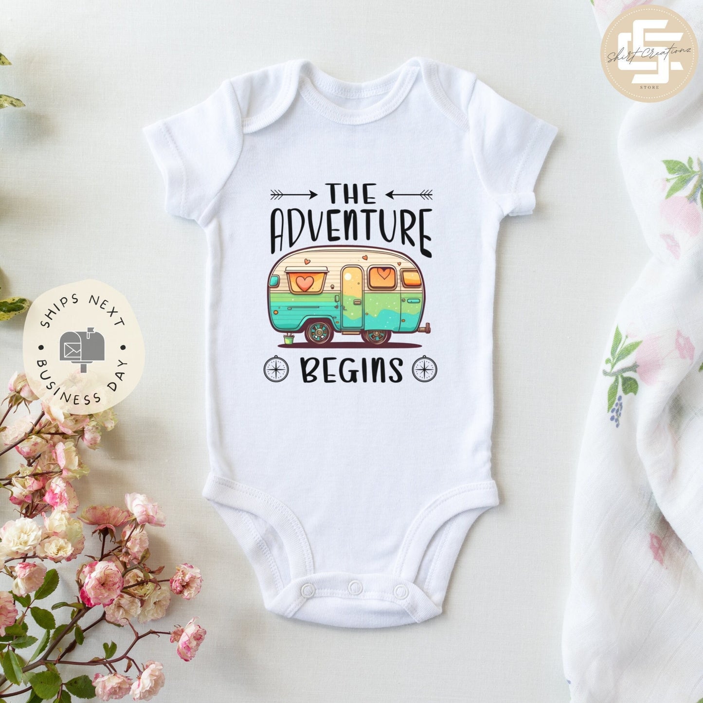 The adventure begins Baby Onesie®, Hiking baby Onesie®, Camper Family, Camper baby bodysuit.