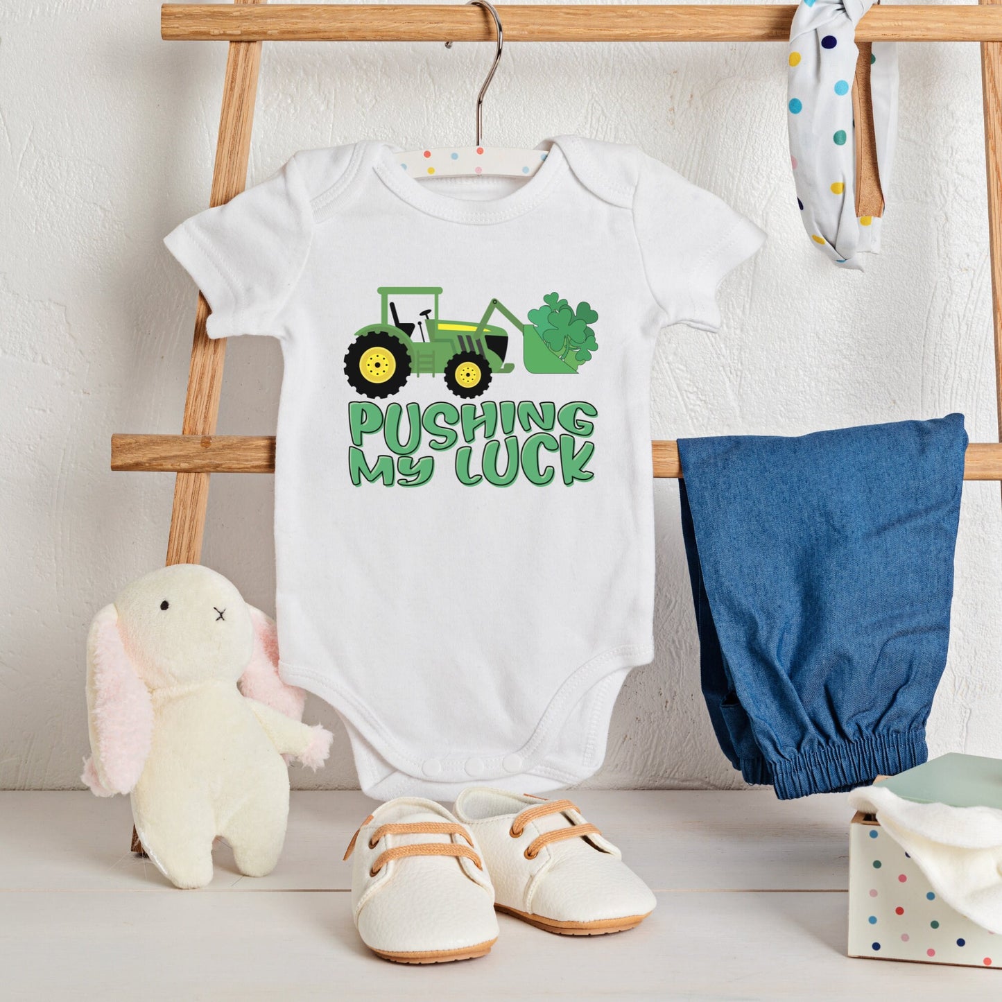 Pushing my luck Baby Onesie®, St. Patrick's baby Onesie®, Lucky baby body suit. cute baby gift.