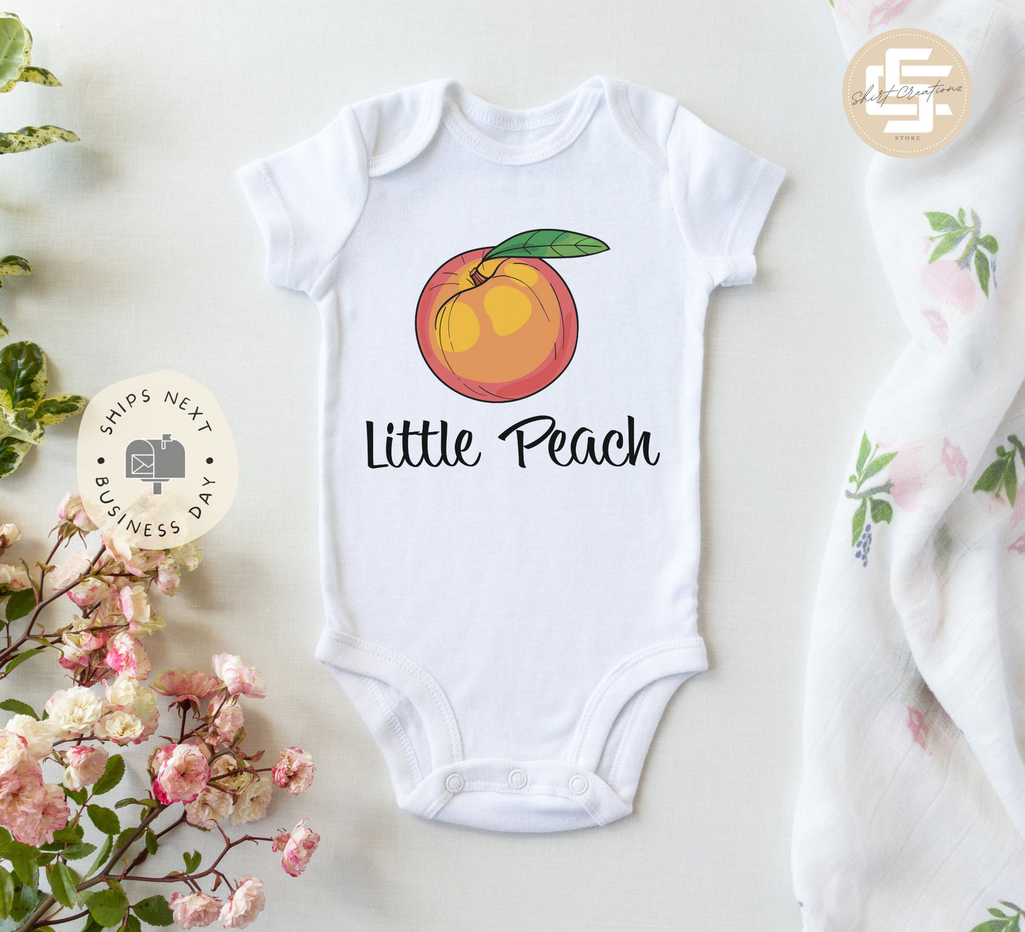 Little Peach Baby Onesie®, Cute Peach baby Onesie®,  baby announcement body suit. cute baby gift.