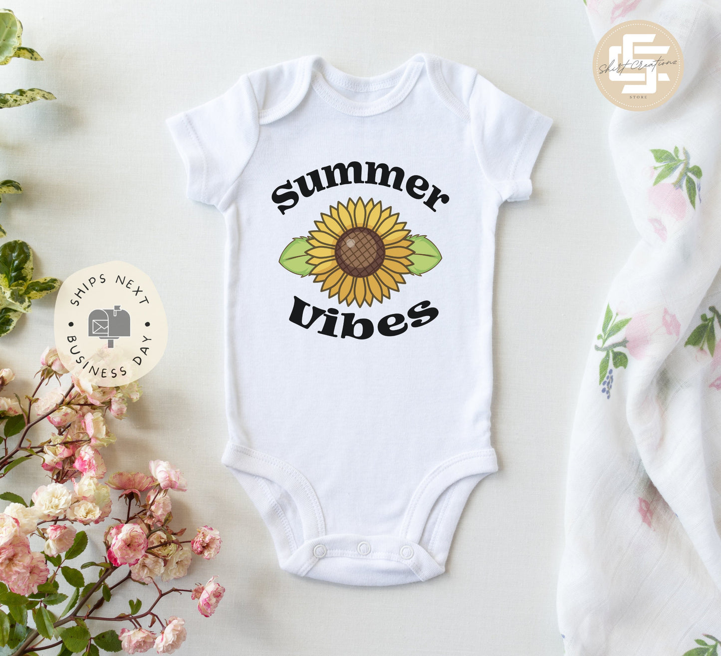 Summer vibes Baby Onesie®, sunflower baby Onesie®,  baby announcement body suit. cute baby gift.