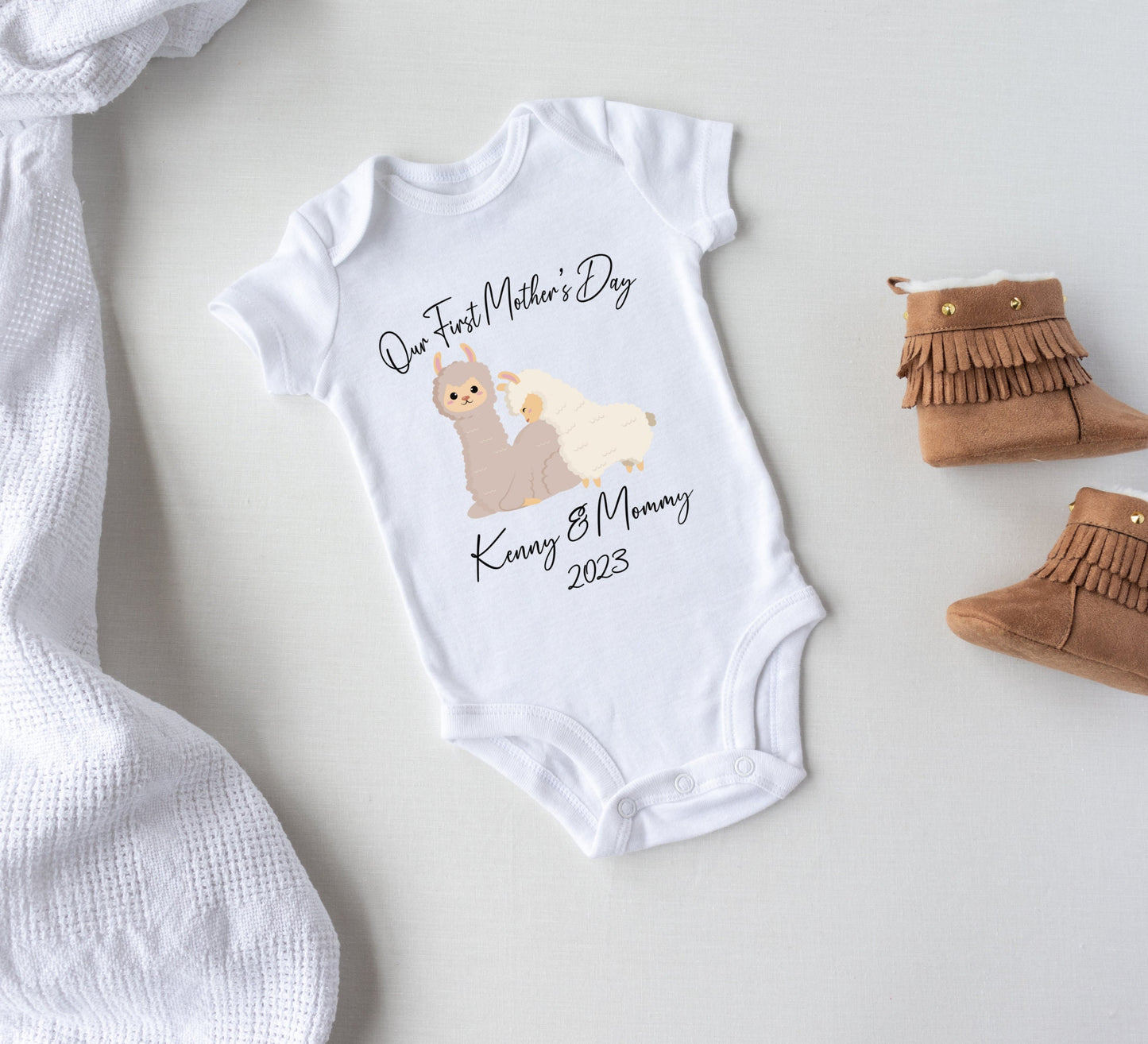 Our first mother's day baby Onesie® Mother's day baby Onesie®, cute personalized date newborn body suit. newborn baby gift.