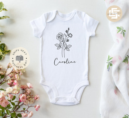 Birth month flower baby Onesie® Personalized birth flower baby Onesie®, cute personalized newborn body suit. newborn baby gift.