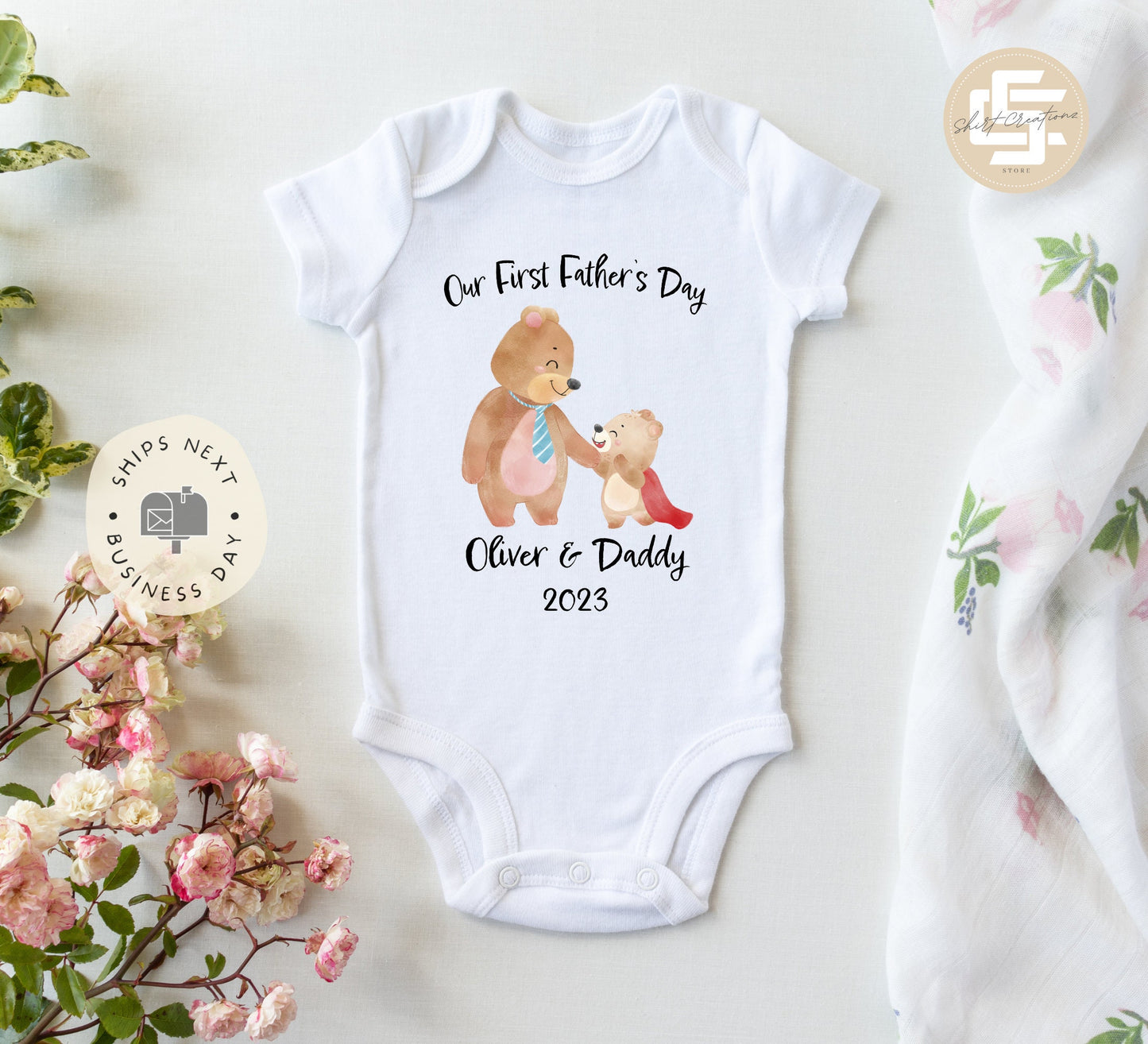 Our first father's day Onesie® Father's day baby Onesie®, cute personalized name newborn body suit. newborn baby gift.