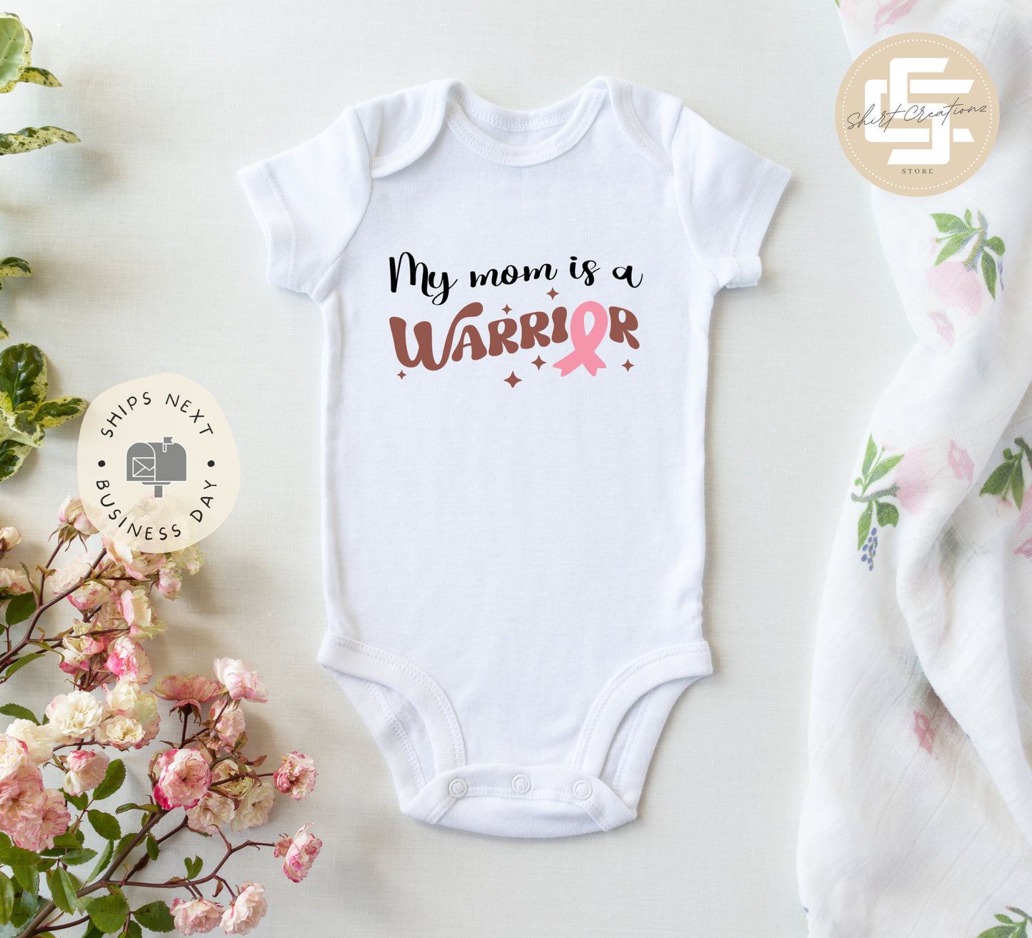 My mom is a warrior Onesie® breast cancer awareness baby Onesie®, hero baby body suit. cute baby gift.