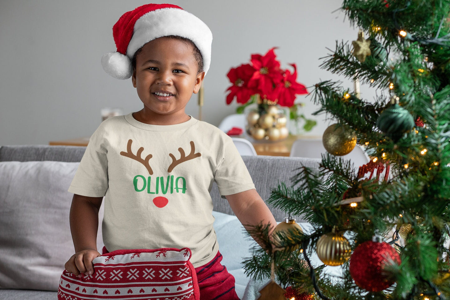 Christmas Reindeer Personalized name Toddler TShirt, Reindeer kids shirt, Christmas natural toddler Tee.