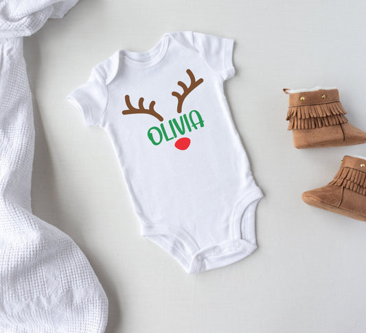 Christmas reindeer personalized name Baby Onesie®, Christmas baby Onesie®,  baby announcement body suit. Christmas baby gift.