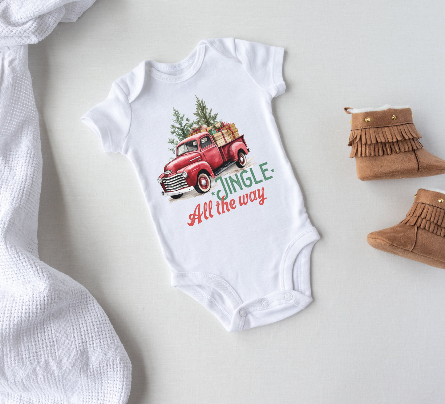 Jingle all the way Baby Onesie®, Christmas truck baby Onesie®,  baby announcement body suit. Christmas baby gift.