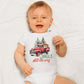 Jingle all the way Baby Onesie®, Christmas truck baby Onesie®,  baby announcement body suit. Christmas baby gift.