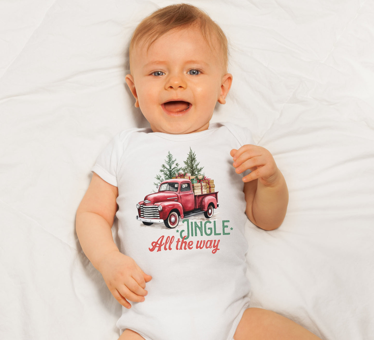 Jingle all the way Baby Onesie®, Christmas truck baby Onesie®,  baby announcement body suit. Christmas baby gift.