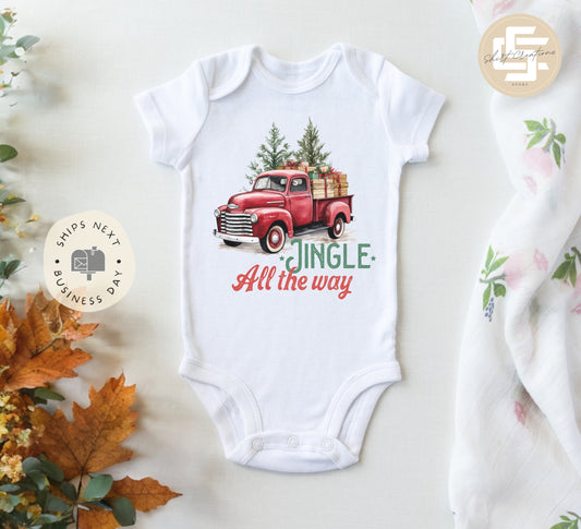 Jingle all the way Baby Onesie®, Christmas truck baby Onesie®,  baby announcement body suit. Christmas baby gift.